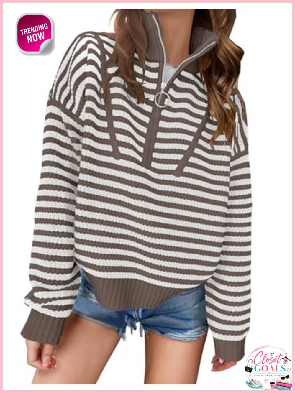 Womens Striped Quarter Zip Sweater Loose Knit Pullover Casual Fall Top